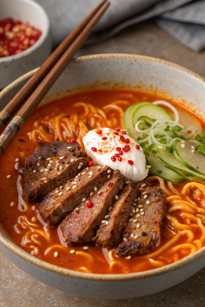 Grilled Beef Ramen with Creamy Korean Sauce