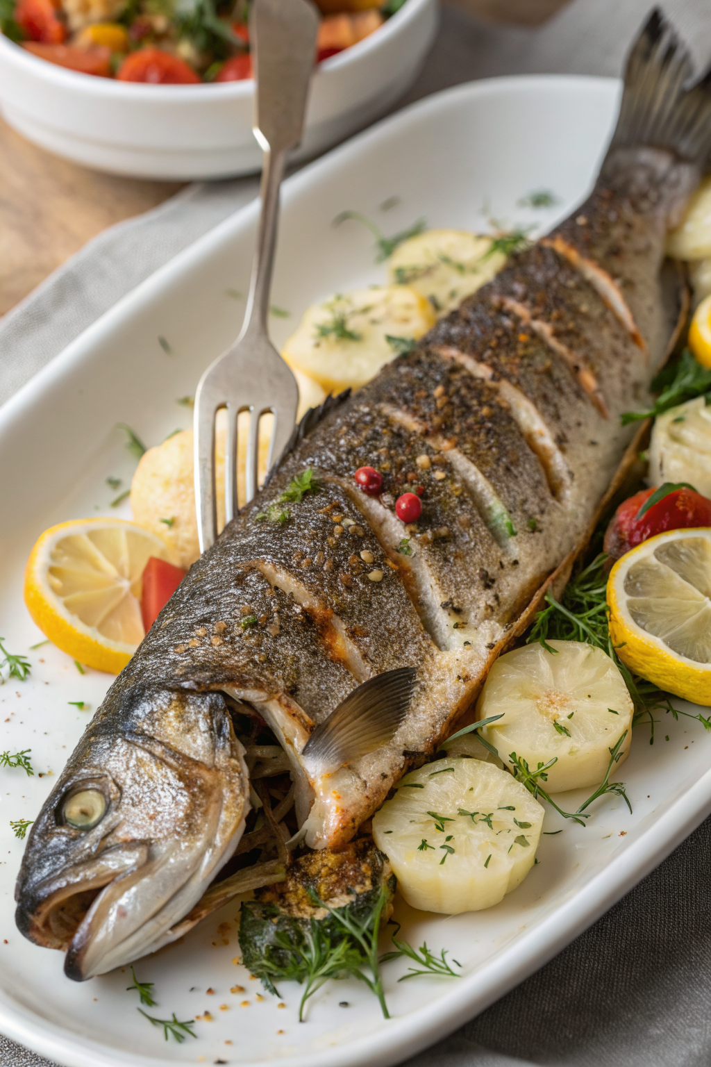 Oven Baked Mediterranean Branzino with potatoes and veggies