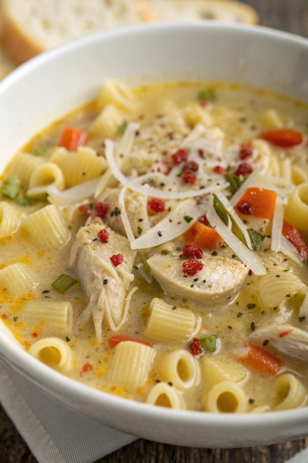 Creamy Chicken Pasta Soup Recipe with Carrot and Spinach