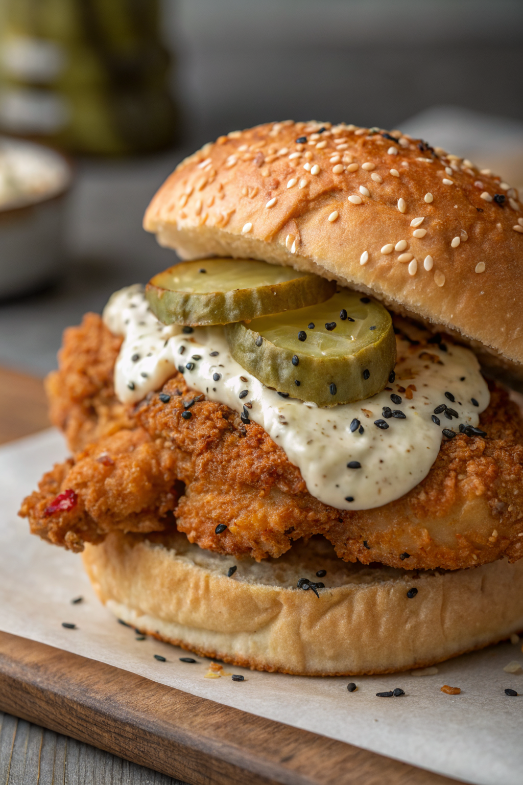 Crispy Chicken Sandwich with Pickles and Ranch Dressing