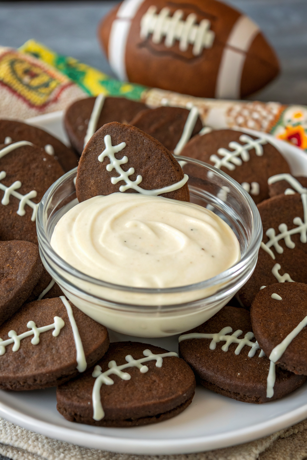 Super Bowl Chocolate Football Cookies with a Cream Cheese Frosting Dip