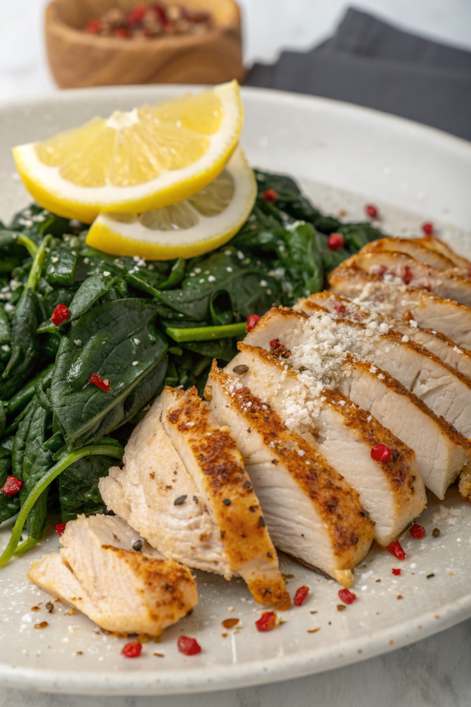 Asado Chicken Breasts with Sautéed Garlic Spinach
