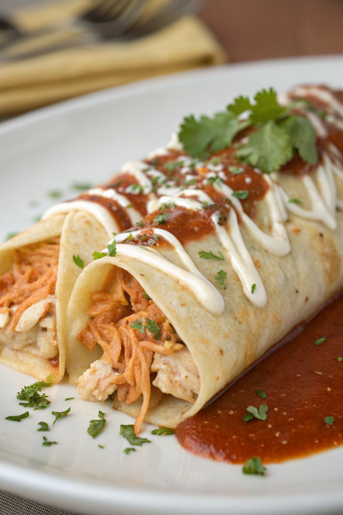 Baked Chicken Burritos with Cheesy Green Chili Sauce