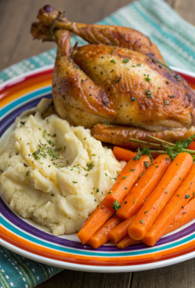 Creamy Herb Chicken with Mashed Potatoes Glazed Carrots