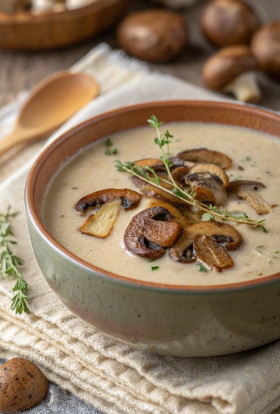 Creamy Wild Rice Chicken Soup with Roasted Mushrooms