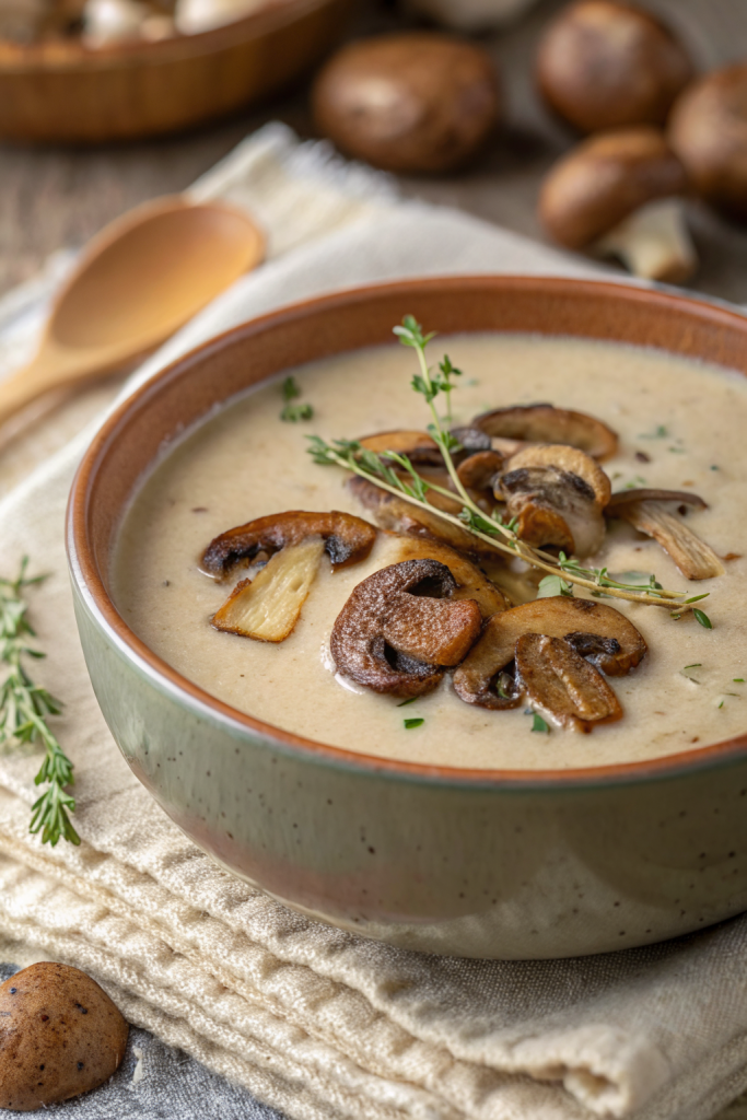 Creamy Wild Rice Chicken Soup with Roasted Mushrooms
