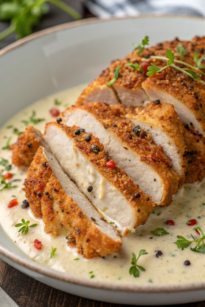 Crispy Parmesan Chicken with a Rich Garlic Sauce