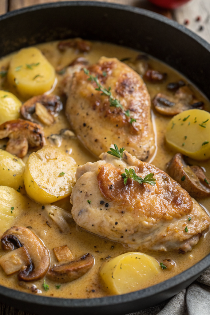 Herb Roasted Chicken in Creamy White Sauce with Mushroom and Potatoes