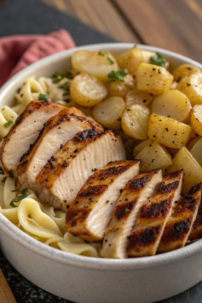 Loaded Herb Grilled Chicken with Creamy Pesto Pasta Roasted Potatoes