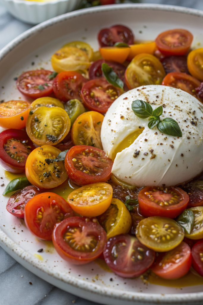 Marinated Tomato and Burrata Salad with Balsamic Glaze