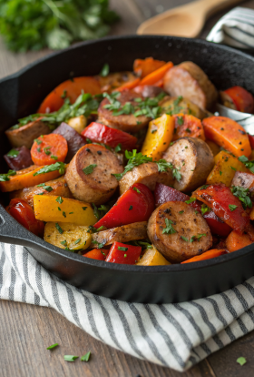 Sausage Veggies Skillet with Butternut Squash Brussels Sprouts.