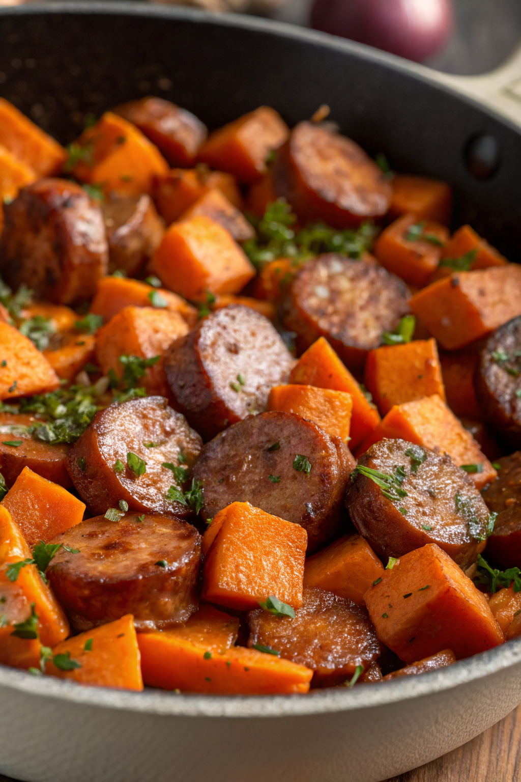 Sausage and Sweet Potatoes with Honey Garlic Sauce Recipe