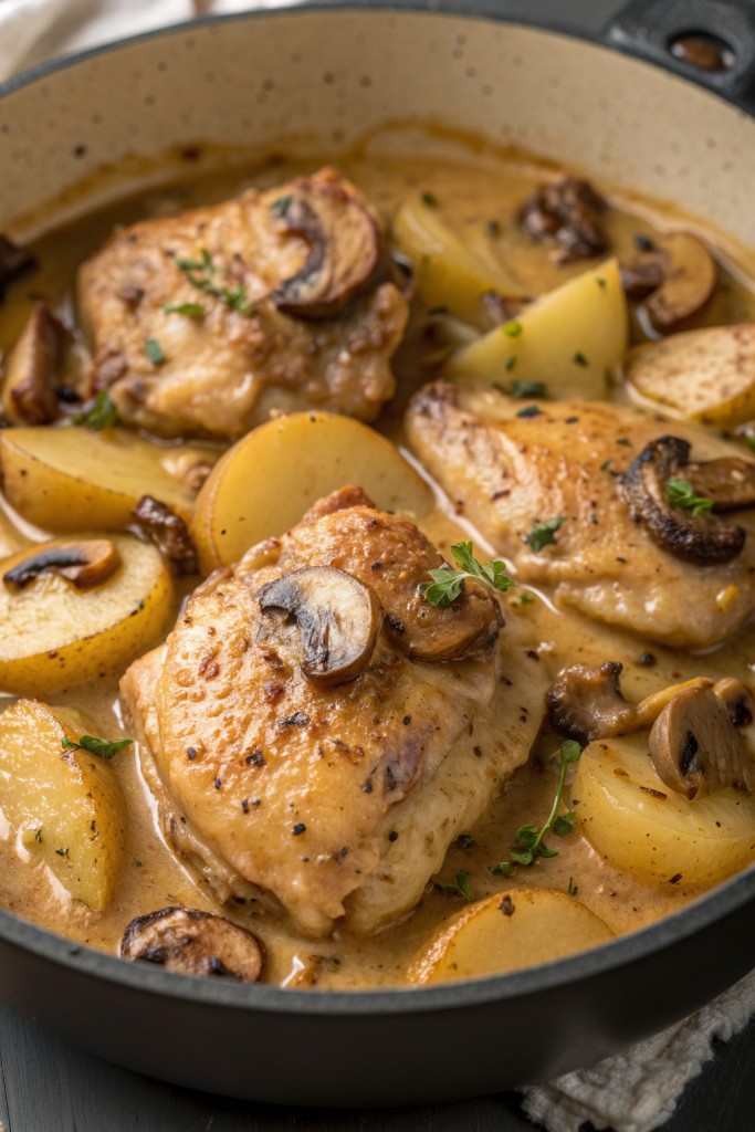 Herb Roasted Chicken in Creamy White Sauce with Mushroom Potatoes