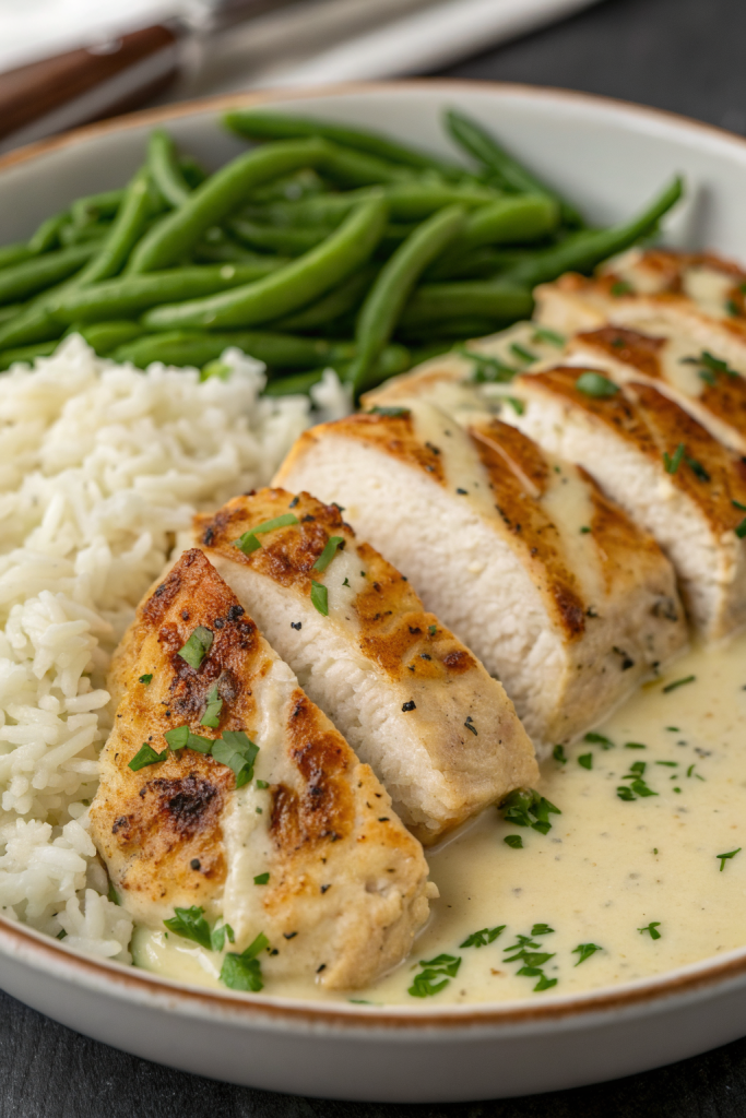 Creamy Herb Chicken with Green Beans Steamed Rice