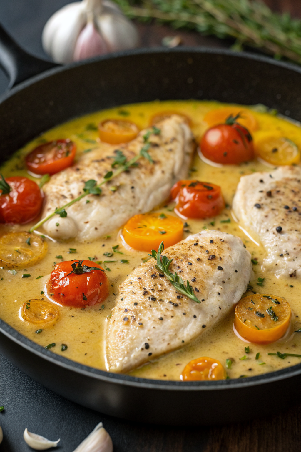 Creamy Pesto Chicken with Roasted Tomatoes Spinach