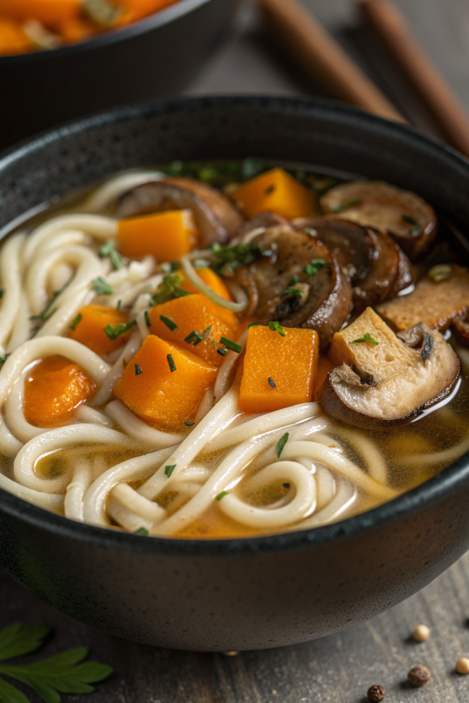 Miso Udon Noodle Soup with Teriyaki Mushrooms