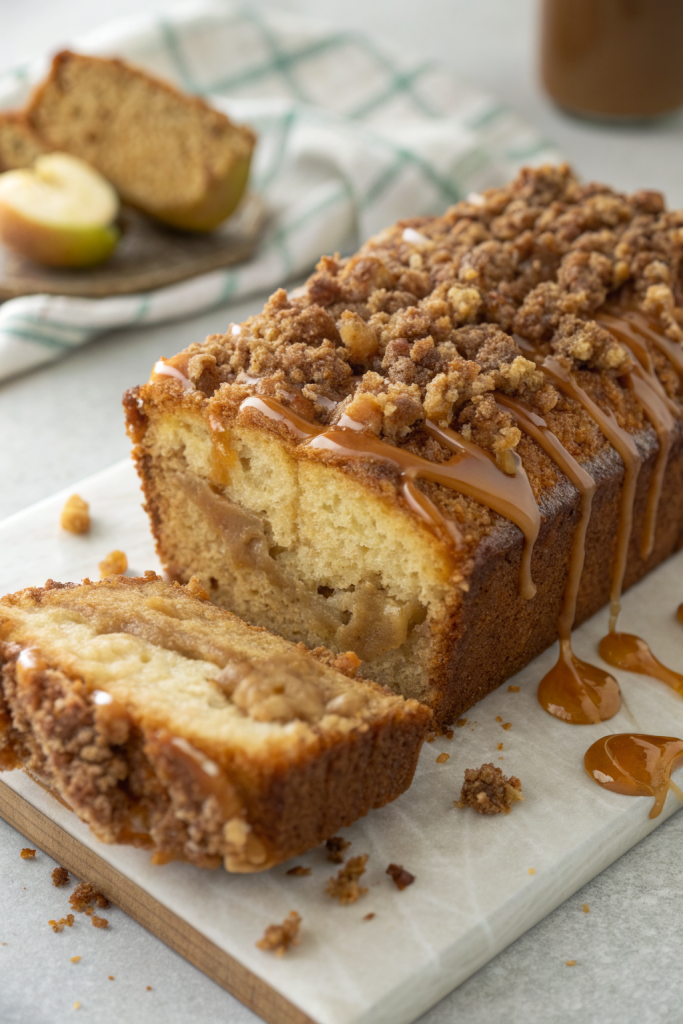 Apple Crumble Loaf Cake with Caramel Drizzle