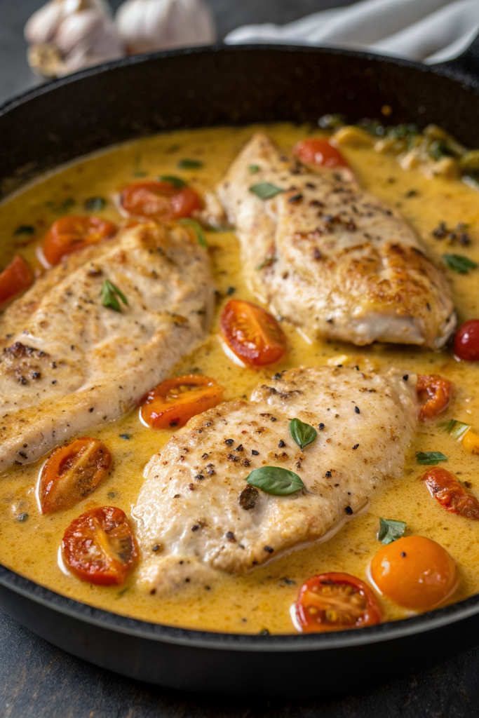 Creamy Pesto Chicken with Roasted Tomatoes & Spinach
