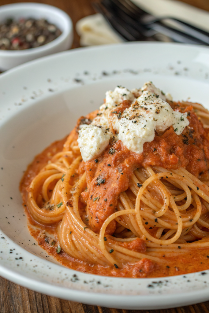 Creamy Red Pepper Pasta with Burrata and Herbs