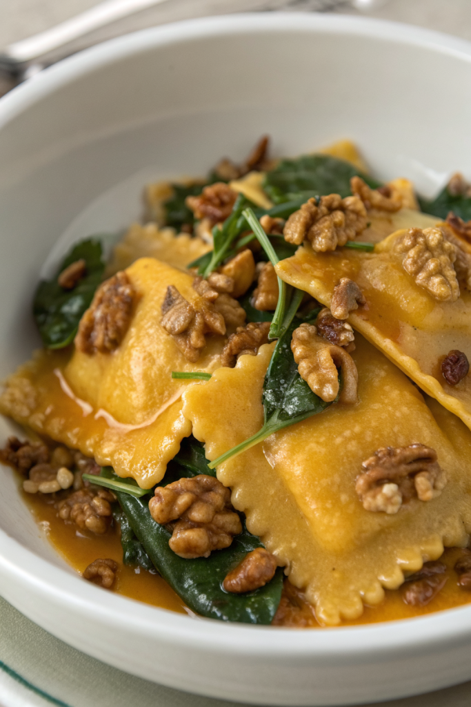 Pumpkin Pasta with Toasted Walnuts and Spinach