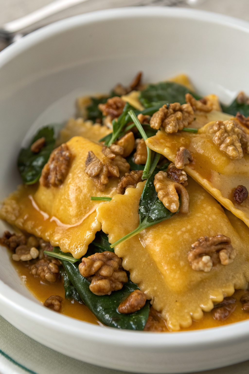 Pumpkin Pasta with Toasted Walnuts and Spinach